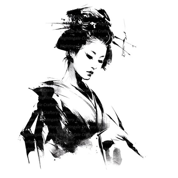 芸者クリップアート10点、芸者水墨画、白黒、印刷可能な水彩画クリップ