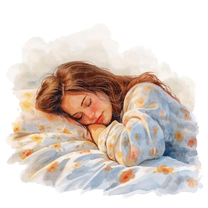 8 Clipart donna addormentata, donna che dorme, clipart acquerello stampabile, JPG di alta qualità, download digitale, creazione di carta, diario spazzatura