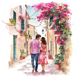 10 Imágenes prediseñadas de pareja romántica, Primavera en Italia, Imágenes prediseñadas de acuarela imprimibles, JPG de alta calidad, Descarga digital, Artesanía de papel, diario basura