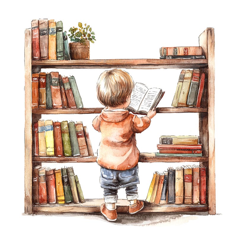 May include: A watercolor illustration of a child standing on a wooden bookshelf, reaching up to grab a book. The bookshelf is filled with various books, and the child is wearing a brown sweater and blue jeans.