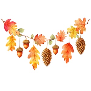 May include: A watercolour illustration of a garland with autumn leaves, acorns, and pine cones. The leaves are in shades of red, orange, and yellow, with green accents. Ideal for autumn decorations.