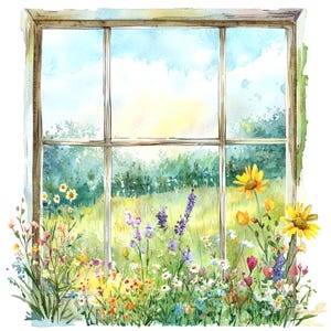 14 Janela Meadow View Clipart, Janela com Paisagem de Flores, Clipart de aquarela para impressão, JPGs de alta qualidade, Download digital, Artesanato em papel
