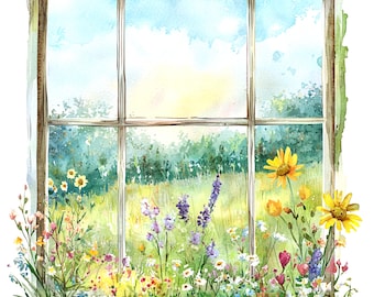 窓から見える花畑の風景：水彩画アートプリント（デジタルダウンロード