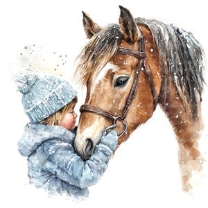 10 imágenes prediseñadas de niños y caballos, caballos en invierno, imágenes prediseñadas de acuarela imprimibles, archivos JPG de alta calidad, descarga digital, sublimación, revistas basura