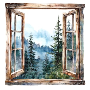 16 Fenster Waldblick Clipart, Fenster zum Wald Clipart, druckbare Aquarell Clipart, hochwertige JPG / PNGs, digitaler Download, Papiermodell