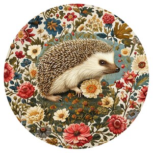 May include: A round, colorful illustration of a hedgehog surrounded by flowers and leaves. The hedgehog is brown and white with a spiky back. The flowers are in shades of pink, red, yellow, and blue.
