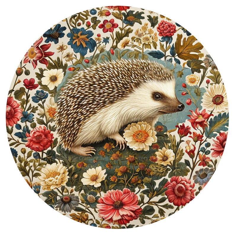 May include: A round, colorful illustration of a hedgehog surrounded by flowers and leaves. The hedgehog is brown and white with a spiky back. The flowers are in shades of pink, red, yellow, and blue.