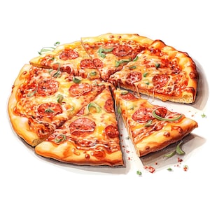 May include: A pepperoni pizza cut into six slices, with one slice removed. The pizza has a golden crust and is topped with melted cheese, pepperoni, and green peppers.