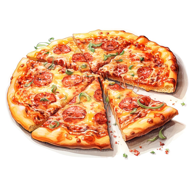 May include: A pepperoni pizza cut into six slices, with one slice removed. The pizza has a golden crust and is topped with melted cheese, pepperoni, and green peppers.
