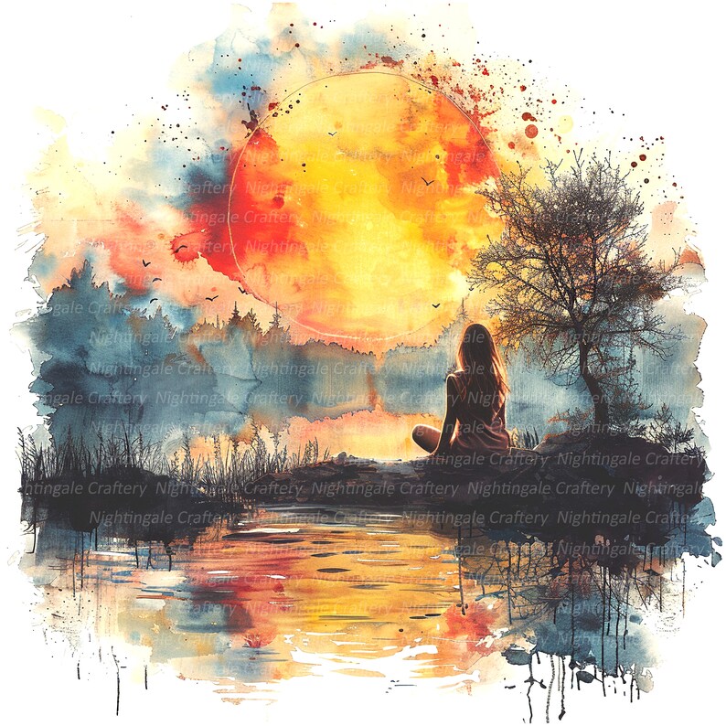 Puede incluir: Pintura a la acuarela de una persona sentada cerca de un lago, con un gran sol naranja en el fondo. Tambi&eacute;n se ven un &aacute;rbol y p&aacute;jaros. La imagen tiene un ambiente so&ntilde;ador y art&iacute;stico.
