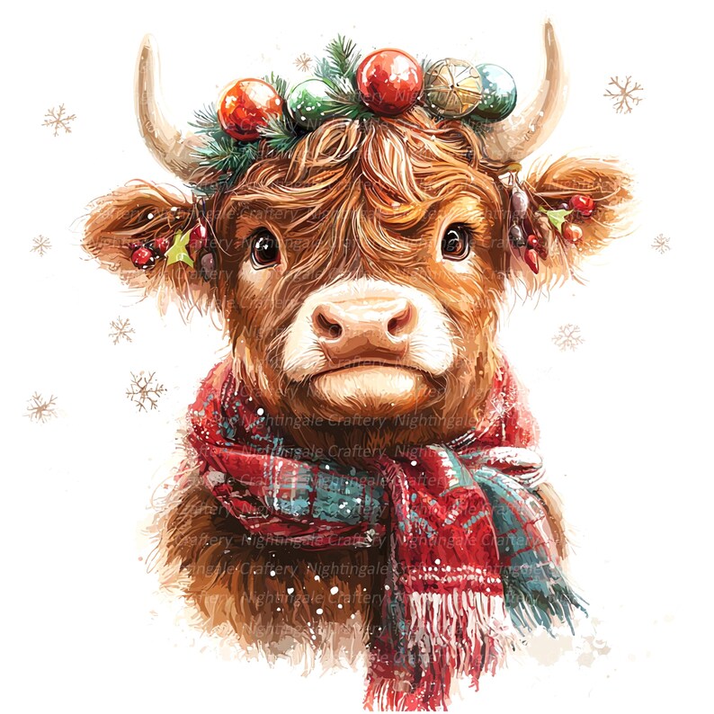 May include: A brown and white Highland cow with a red and green plaid scarf and a wreath of green pine branches and red and green ornaments on its head. The cow is looking at the camera with a sweet expression.