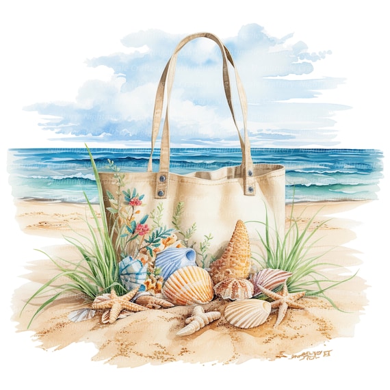 9 Beach bag Clipart, Watercolor beach bag, Printable Watercolor clipart, High Quality JPGs, Digital download, Paper craft, junk journals