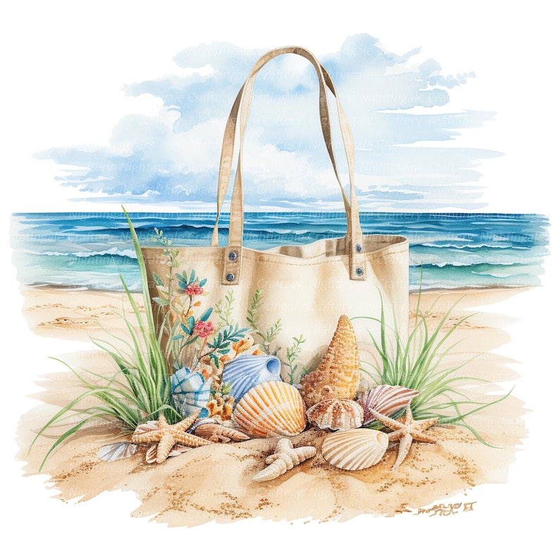 May include: A beige canvas tote bag with floral embroidery sits on a sandy beach with seashells and starfish. The bag is filled with seashells and has a blue and white seashell design on the front.