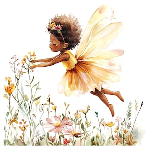 7 Clipart fata ragazza nera, Clipart fata floreale, Clipart acquerello stampabile, PNG di alta qualità, Download digitale, Carta artigianale, diari