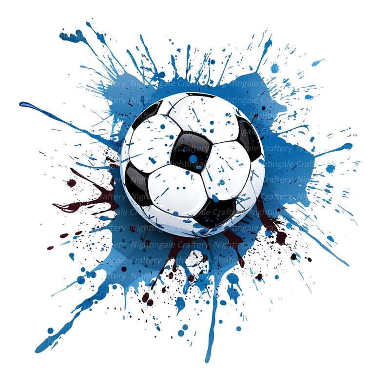 May include: A soccer ball with black and white panels is centered on a blue and maroon paint splatter design. The image has a white background. The text "Nightingale Craftery" is repeated around the image.