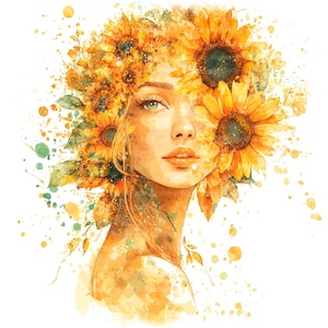 10 Clipart di donne e girasoli, donne floreali, clipart di acquerelli stampabili, JPG di alta qualità, download digitale, lavoretti di carta, diario di scarto
