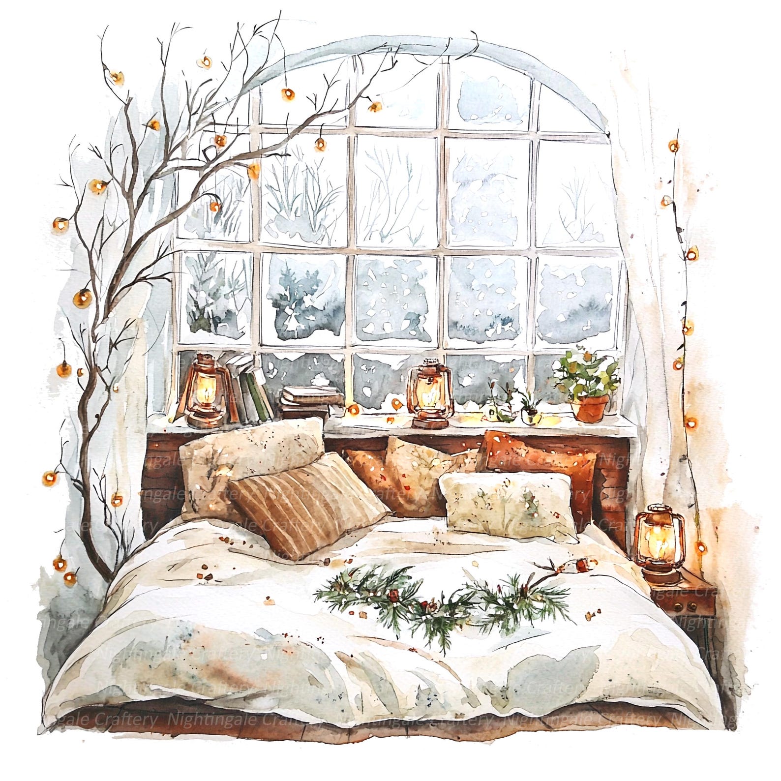 14 Cozy Bedroom, Christmas Clipart, Winter Window, Printable Watercolor ...