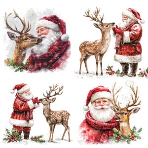 15 Clipart de Noël père Noël et cerf, renne, clipart aquarelle imprimable, PNG de haute qualité, téléchargement numérique, créations en papier, journal de bordel