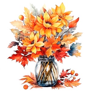 Könnte beinhalten: Aquarellillustration eines Herbstbouquets in einem Glas. Das Arrangement zeigt leuchtend orange und gelbe Blumen, Ahornblätter und Beeren. Das Glas ist mit braunen Stielen gefüllt und erzeugt ein warmes, herbstliches Thema.