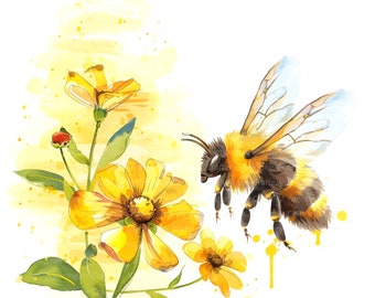 12 Cartoon Bee in Flowers Clipart, Floral Bee, afdrukbare aquarel clipart, hoge kwaliteit PNG, digitale download, Paper Craft, junk Journal