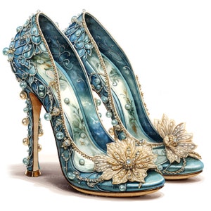 Puede incluir: Un par de zapatos de tac&oacute;n alto con un dise&ntilde;o floral azul y blanco. Los zapatos est&aacute;n adornados con perlas y pedrer&iacute;a. Los zapatos tienen una punta puntiaguda y un tac&oacute;n de aguja alto.