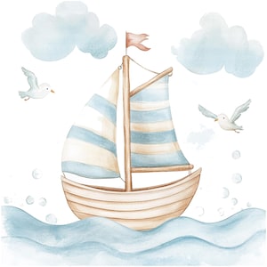 May include: A watercolor illustration of a sailboat with blue and white striped sails, floating on blue water with white bubbles. Two white seagulls fly above the boat, and two clouds are in the background.