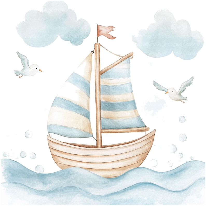 May include: A watercolor illustration of a sailboat with blue and white striped sails, floating on blue water with white bubbles. Two white seagulls fly above the boat, and two clouds are in the background.