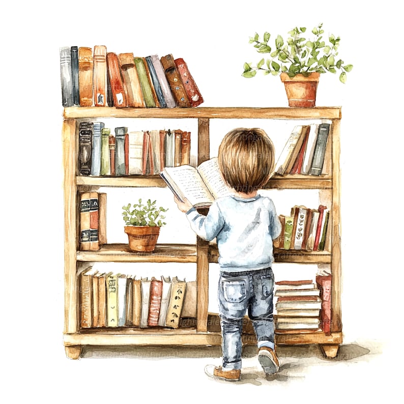 May include: A watercolor painting of a child reading a book in front of a wooden bookshelf filled with books. The bookshelf has four shelves and is painted a light brown color. The child is wearing a blue shirt and jeans and has brown hair. The bookshelf is decorated with a potted plant on the top shelf.