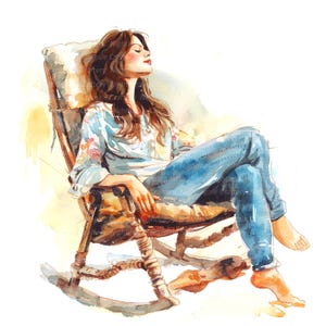 Mulher em cadeira de balanço Clipart, cadeira aconchegante, clipart aquarela para impressão, 8 JPGs de alta qualidade, download digital, artesanato em papel, diário de lixo