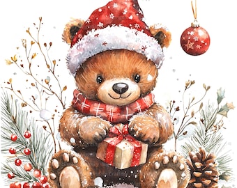 10 Christmas Teddy Bear Clipart Set2, Christmas Card, Printable Watercolor clipart, High Quality JPG, Digital Download, Paper craft, journal