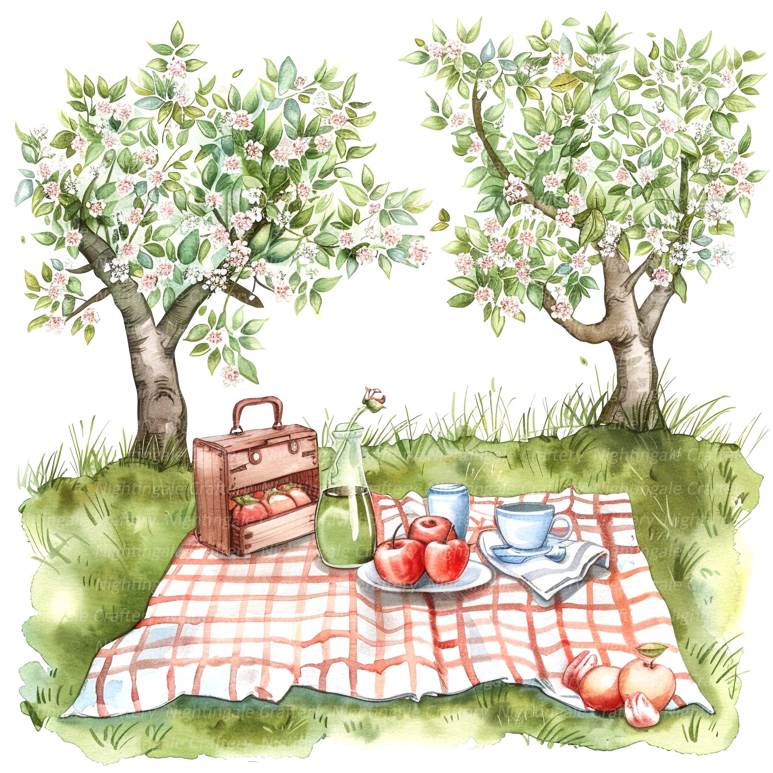 Spring Picnic Graphics 11 Spring Picnic Clipart, Picnic in Park, Printable Watercolor Clipart ...