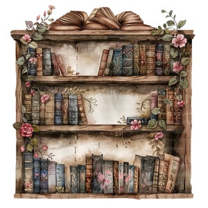 May include: A wooden bookshelf with two shelves filled with antique books. The bookshelf is decorated with vines and pink flowers.