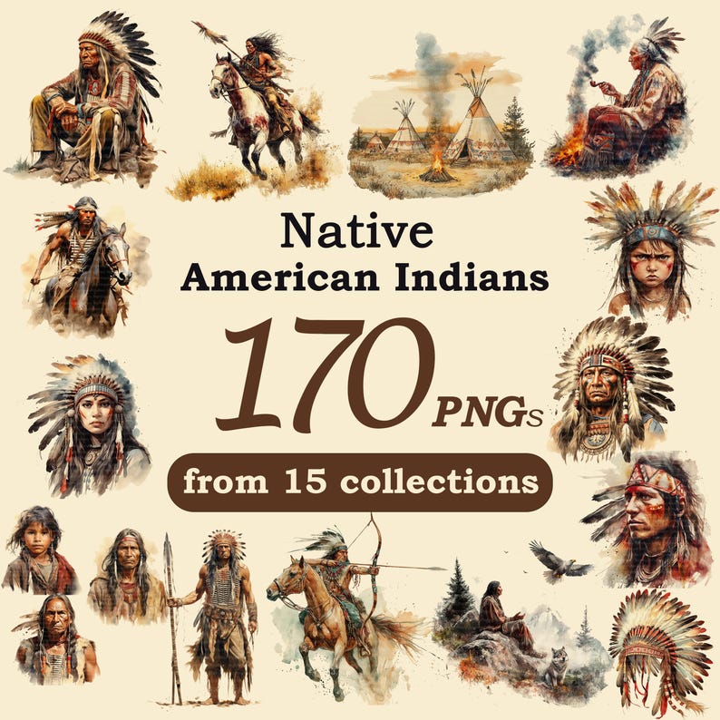 K&ouml;nnte beinhalten: Eine digitale Kunstsammlung mit Illustrationen von amerikanischen Ureinwohnern. Das Bild enth&auml;lt verschiedene Portr&auml;ts und Szenen von amerikanischen Ureinwohnern, Tipis und Reitern. Der Text lautet "Native American Indians 170 PNGs from 15 collections."