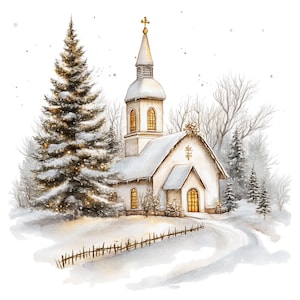 8 cliparts église de Noël, carte de Noël, clipart aquarelle imprimable, fichiers JPG de haute qualité, téléchargement numérique, créations en papier, journal indésirable