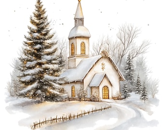 8 Christmas Church Clipart, Christmas Card, Printable Watercolor clipart, High Quality JPGs, Digital download, Paper craft, junk journal
