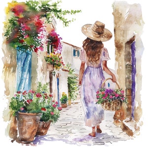 11 Femme sur des cliparts floraux de rue, femme florale, clipart aquarelle imprimable, JPG de haute qualité, téléchargement numérique, créations en papier, journal indésirable