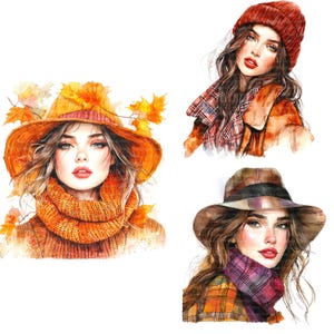 14 Primer plano de moda de mujer, Clipart de moda de otoño, Clipart de acuarela imprimible, JPG de alta calidad, Descarga digital, Manualidades de papel, Diario