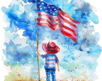 10 clipart della bandiera USA, bambino con la bandiera USA, clipart ad acquerello stampabili, JPG di alta qualità, download digitale, lavori di carta, sublimazione della bandiera