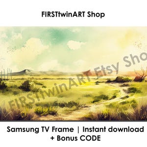 Samsung Frame TV Art watercolor landscape painting | warm colors sunrise | minimalistic plain land view | to Livingroom @FIRSTtwinART no0906