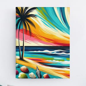 Colorful Tropical Beach Digital Wall Art Printable – Seashells, Palm Tree & Ocean Sunset Print, Coastal Digital Download, Summer Home Decor