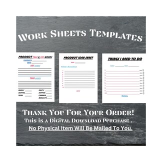 May include: Three printable worksheets for product development and organization. The first worksheet is titled "Product Tags & Key Words" and includes sections for product details, key words, and tags. The second worksheet is titled "Product Idea Sheet" and includes sections for product description and brainstorming. The third worksheet is titled "Things I Need To Do" and includes sections for date, task, and notes.