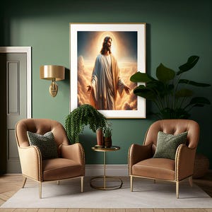 Stralende Jezus in de wolken digitale muurkunst – gloeiende verlosser christelijke print, spirituele hemelscène, digitale download, Faith Home Decor