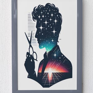 Barber Galaxy Digitaler Kunstdruck, Retro Sci-Fi Frisur Poster, Kosmische Barber Silhouette, digitaler Download, Barber Shop Dekor, Herrenpflege