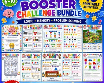 Brain Booster Printable Bundle for Kids, 10 Logic Puzzles, Memory Games, Mazes and Brain Teasers, Ages 6–10