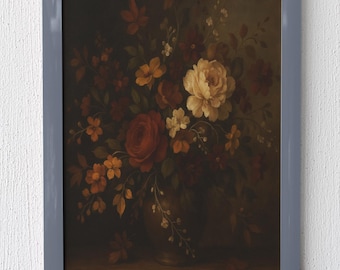 Digitale muurafdrukken vintage bloemenstilleven | Digitale afdruk in Nederlandse barokstijl | Donker humeurig bloemboeket | Afdrukbaar antiek kunstwerk