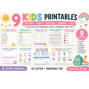 May include: A vibrant printable for children, covering routines, habits, emotions, and learning. It includes charts for chores, rewards, reading, and feelings. The design features a sun, rainbow, and a backpack with books. Text includes "Instant Download" and "Made with Love."