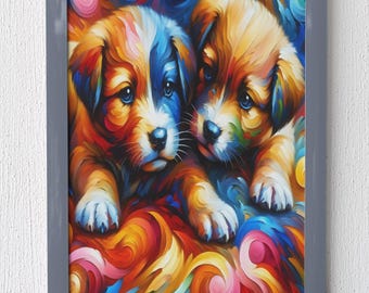 Colorful Puppy Digital Wall Art Prints | Digital Download for Pet Lovers | Rainbow Swirl Dog Painting | Whimsical Nursery or Kids Room Decor