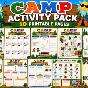 May include: A colorful Camp Activity Pack with 10 printable pages. The pack includes a Summer Camp Bingo game, drawing prompts, a friendship challenge, a maze challenge, and a word search. The pack also includes a journal page, memory page, and a STEM challenge.
