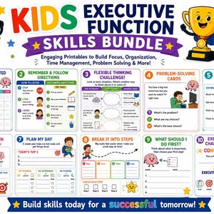 Puede incluir: Un paquete de habilidades de función ejecutiva para niños con 10 actividades imprimibles. El gráfico colorido incluye un personaje de cerebro, un trofeo y secciones numeradas para rastrear tareas, planificar días y resolver problemas de enfoque.