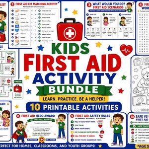 May include: A Kids First Aid Activity Bundle printable set featuring ten educational sheets. The layout includes a checklist, matching activity, safety maze, word search, safety rules, coloring page, promise certificate, and hero award.